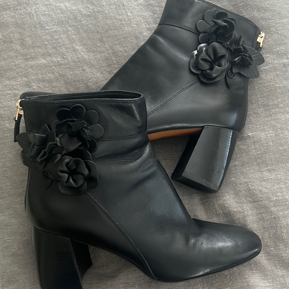 Tory Burch Black Ankle Boots with Floral Embellishment
